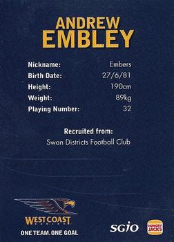 2007 SGIO West Coast Eagles #NNO Andrew Embley Back